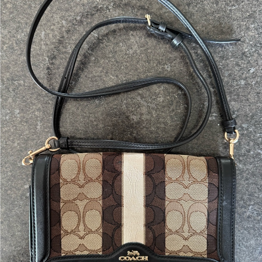 Coach Brown and Black Crossbody Bag with Signature Pattern